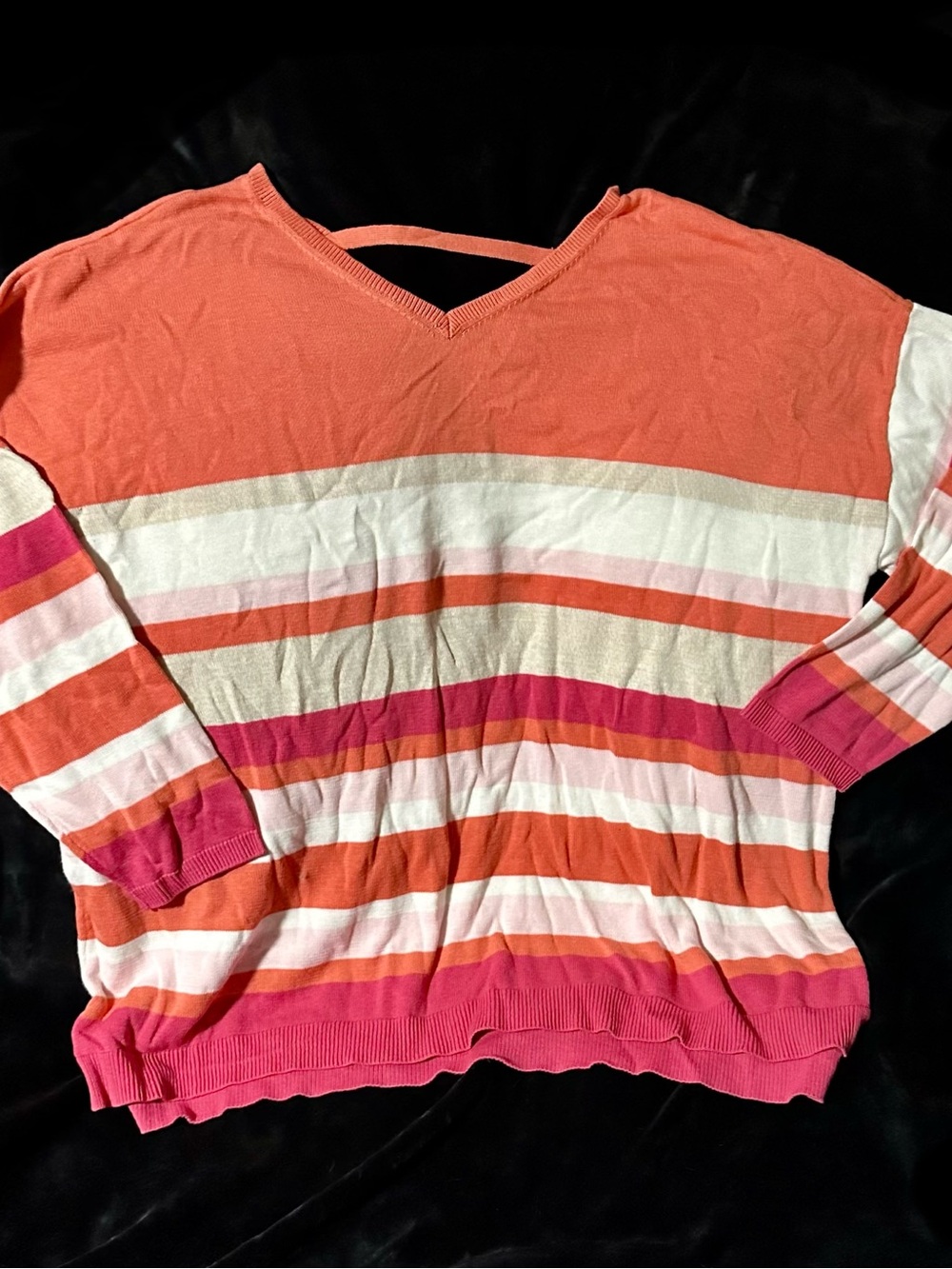 Avenue Striped V-Neck Pullover Sweater - Coral, Pink, Cream